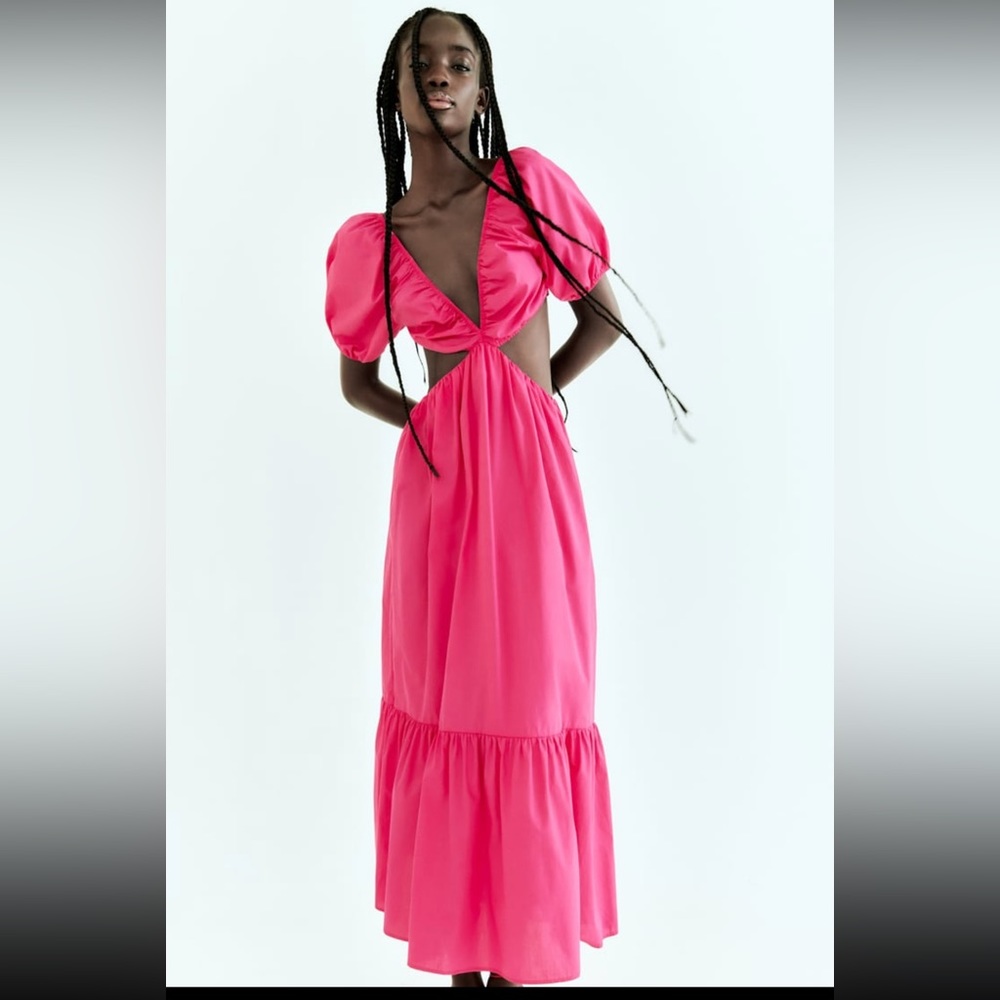 Zara cut out Barbie pink dress with braided straps poplin maxidress 2023 - Picture 10 of 13